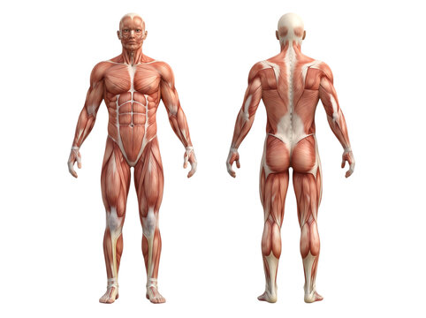 Full body male human muscular system anatomy diagram showing front and back view of muscle groups isolated transparent background