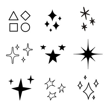 Set of Hand Drawn Star Sparkle Icons and Geometric Shapes PNG with Transparent Background for Creative Design Projects