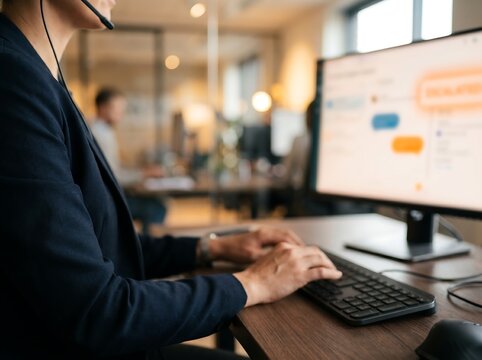 Professional customer service representative working on computer in office