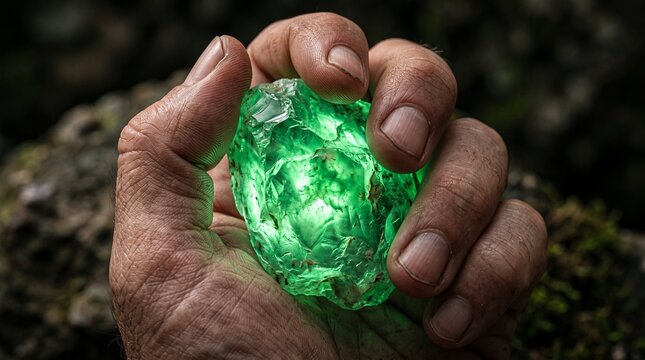 Macro photo of human hand holding glowing rough green emerald gemstone with dramatic cinematic lighting effects.