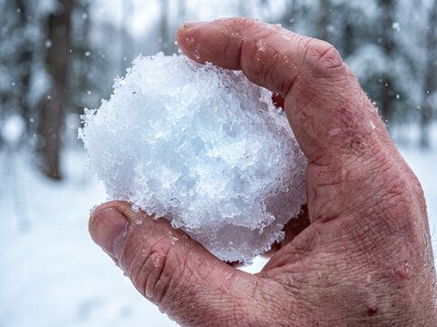 Close-up view of a man's hand holding a large icy snowball in a winter forest setting with snowy background