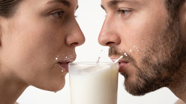 Close up portrait of a young romantic couple sharing a glass of fresh milk with splashes on white studio background