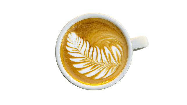 White ceramic cup with latte art fern pattern, isolated on transparent background