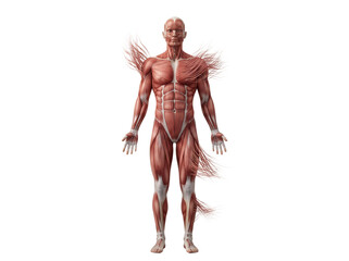 Fototapeta premium Full body human muscular system anatomical chart showing muscle fibers and structure of the male anatomy isolated on a white background transparent background