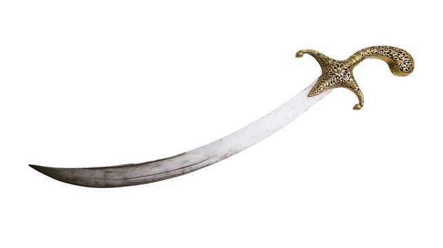 Ornate golden hilt curved steel scimitar sword, isolated on transparent background