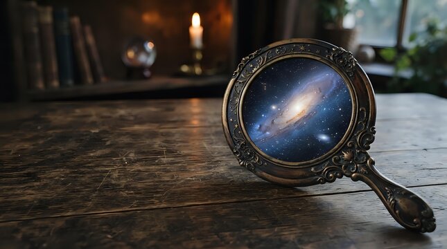 Ornate handheld mirror reflecting a spiral galaxy, placed on wooden