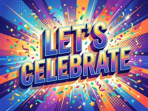 Lets celebrate colorful party text with confetti background