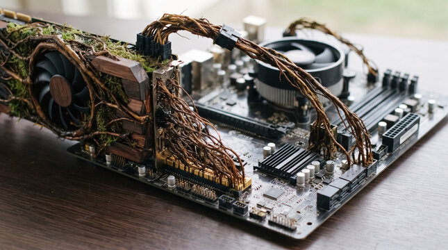 Nature's Embrace on Technology: A visually striking motherboard art piece intertwines natural elements like moss and roots with intricate circuitry.