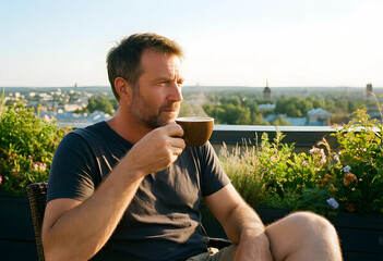 Fototapeta premium Mature man enjoying a hot drink on a rooftop terrace with city view, relaxation and leisure lifestyle, He is looking out over a city skyline with green trees and buildings under a clear sky