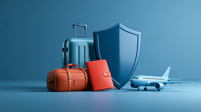 Travel insurance concept with shield and luggage on blue background. Use for travel safety and tourism protection.