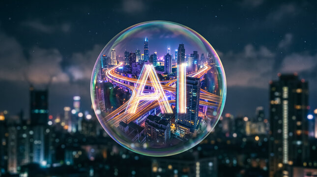 AI in a Bubble: The futuristic city skyline at night is encapsulated within a transparent bubble, showcasing the letters AI illuminated by vibrant city lights.