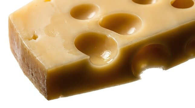 Slice of aged cheese with multiple holes and golden-yellow color