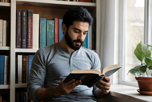 Young bearded man reading a book by a window in a home library, focused on learning and education, intellectual pursuit and knowledge acquisition