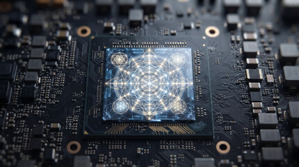 Fototapeta premium Abstract Geometric Pattern on Computer Chip: A close-up view of a central processor unit (CPU) on a circuit board, featuring a luminous, intricate geometric pattern glowing on its surface.