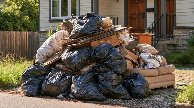 Large pile of household trash bags and old furniture outside a home. Concept for waste disposal, eviction, or moving.