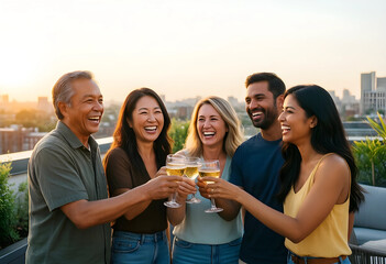Obraz premium Diverse group of happy friends toasting with drinks on a rooftop at sunset, celebrating success and friendship, They are celebrating success and friendship