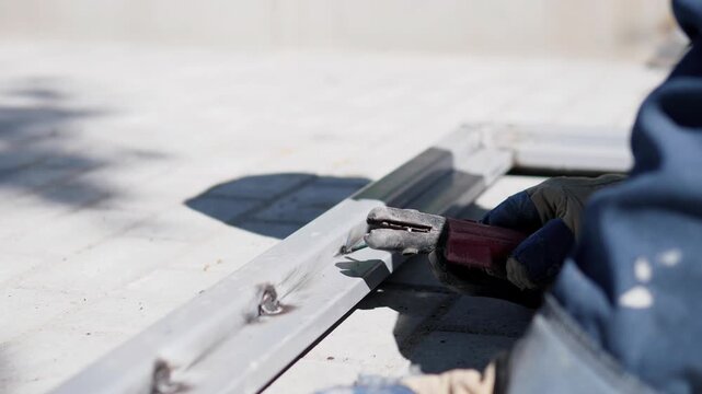 Close up construction scene shows gloved worker holding handheld metal tool against white beam, with bright sparks at contact point, cool daylight, strong diagonal framing, practical repair setting