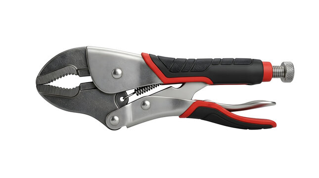 Locking pliers featuring heavy duty steel construction with ergonomic red and black rubber grips isolated as a tool on transparent background