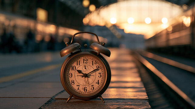 Vintage alarm clock on a train platform at sunset. Concept for travel schedule, punctuality and waiting time.