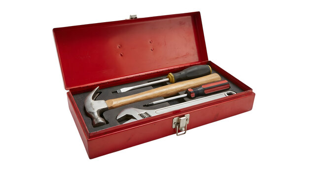 Open red metal toolbox containing a hammer, screwdriver, and an adjustable wrench for professional construction repairs on transparent background