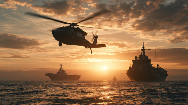 Military helicopter flies over naval warships at golden sunset. Strategic defense and maritime security concept.