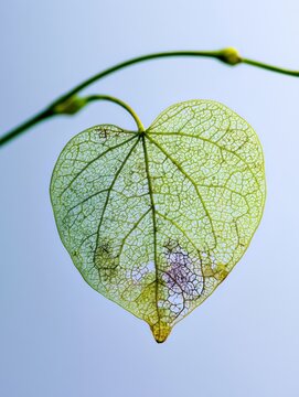 A single translucent leaf is backlit, revealing its cell detail against a soft blue background, highlighting natures design in close detail.