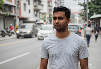 Fototapeta premium Young adult man walking on a city street with blurred traffic and buildings in the background, urban lifestyle