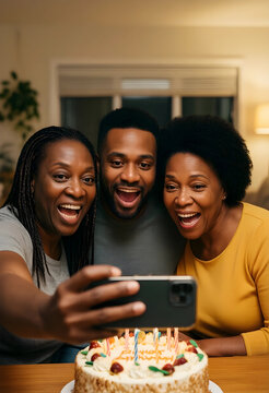 African american family taking a birthday selfie with a cake and lit candles, celebrating a special occasion at home, the group of adults expresses happiness and joy
