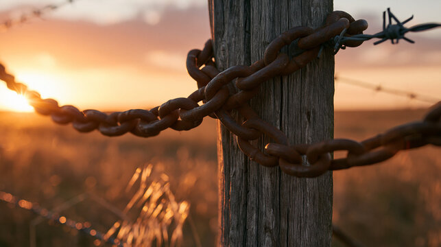 Rusty chain wrapped around a wooden post with barbed wire at sunset. Symbolizes restricted access and security themes.