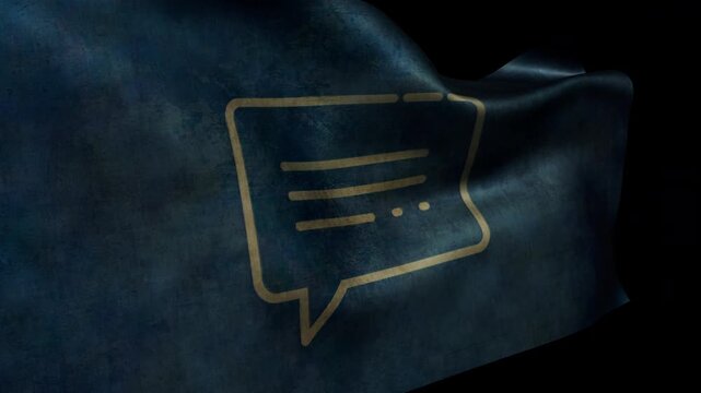 Weathered flag waving in the wind with a rectangular speech bubble icon