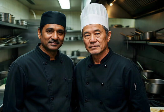 Two diverse male chefs in black uniforms and hats standing together in a professional restaurant kitchen, Both men wear black chef uniforms and hats, looking directly at the viewer