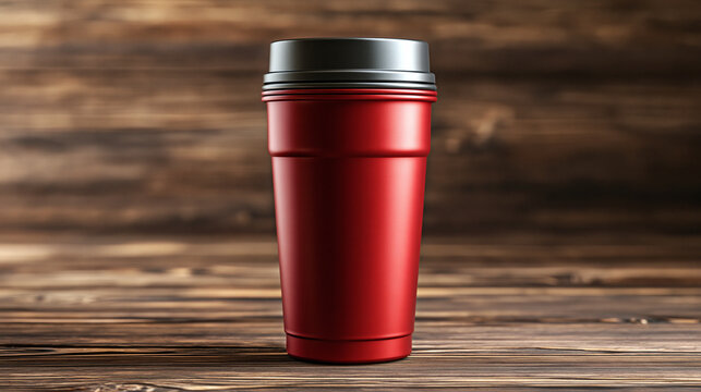 Red coffee cup with black lid standing on a dark wooden table. Perfect for beverage branding and cafe advertising.