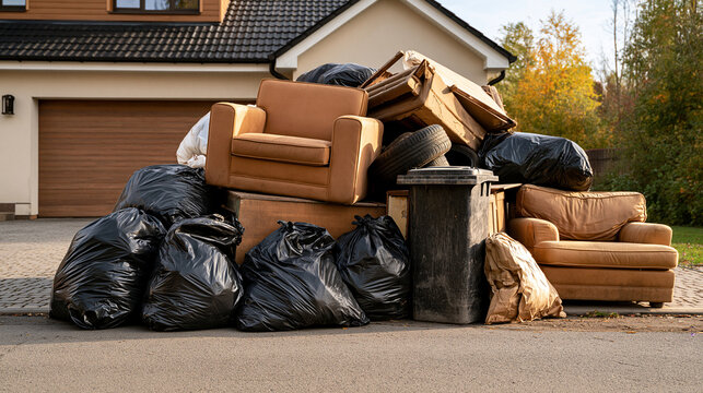 Large pile of household trash and old furniture on a suburban driveway. Concept for house clearance, waste disposal.
