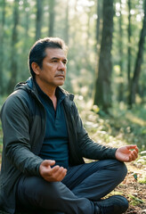 Obraz premium Mature man meditating in a serene forest, practicing mindfulness and seeking inner peace in natures tranquility