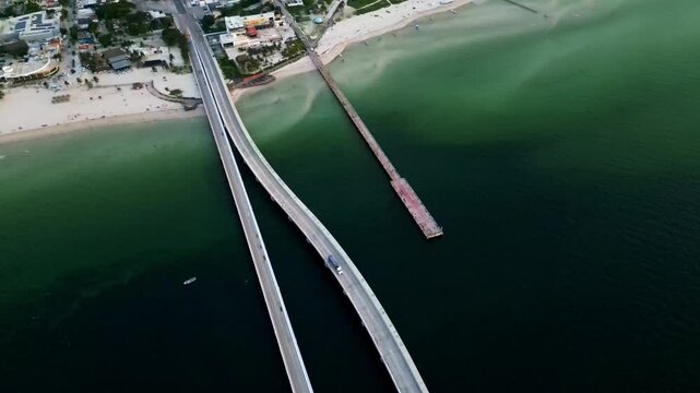 Aerial view of Progreso Beach bridge and pier over the ocean