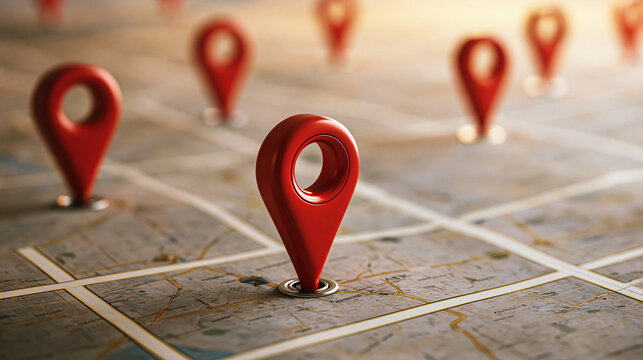 Red map pins marking multiple locations on a textured city map. Use for logistics, travel, and business location.