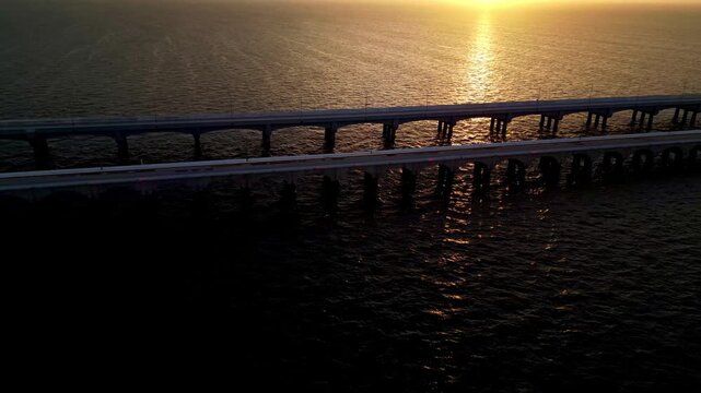 Golden sunset over the Progreso Pier bridge in Mexico