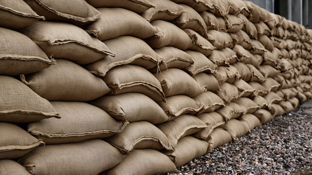 A long wall of stacked sandbags sits on gravel ground. Used for emergency flood defense or military fortification.