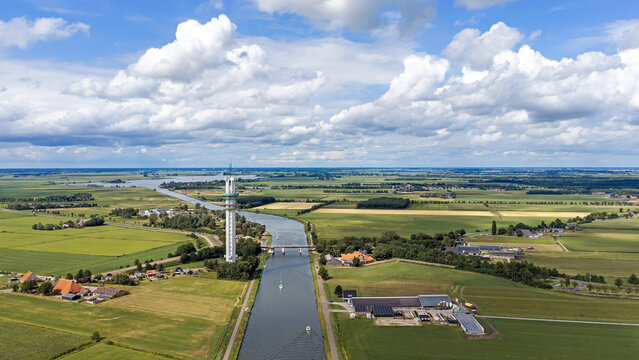Aerial view of The 118-meter ViaData telecommunications and data tower in Tjerkgaast, Friesland, Netherlands,