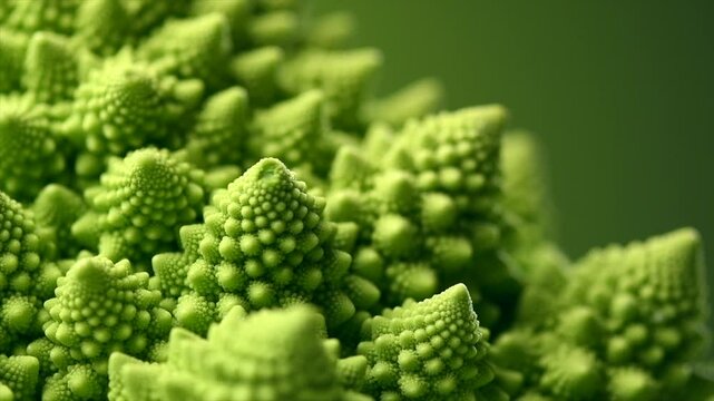 Romanesco broccoli cabbage or Roman Cauliflower abstract texture on green background, macro shot. Fresh Food design, vegan backdrop, slow motion, rotating. 