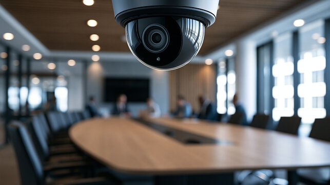 A security dome camera monitors a blurred corporate boardroom. Use this image for business surveillance and workplace.