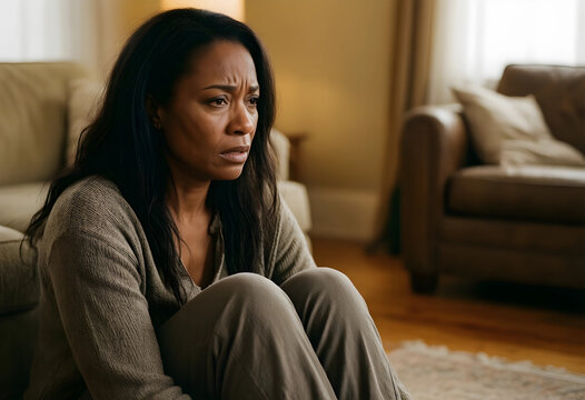 Distressed african american woman sitting on the floor at home, experiencing sadness, anxiety, and mental health struggles