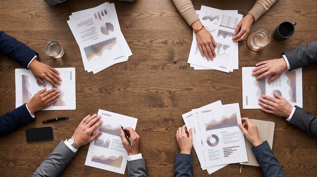 Business meeting financial analysis with diverse professionals hands working on wooden table with charts and graphs featuring central copy space background