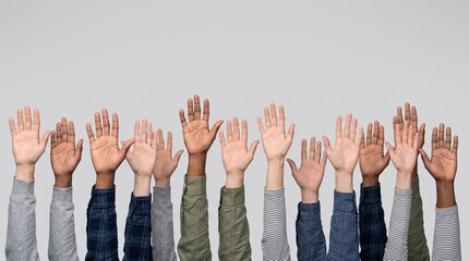 Fototapeta premium Diverse hands raised in air for voting volunteering and community participation on light gray background with copy space
