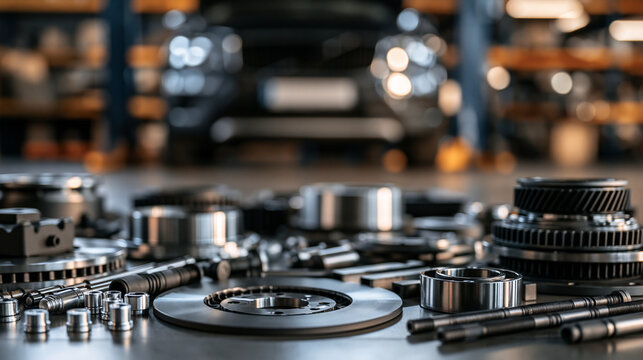 Assorted metal car parts arranged in a professional auto repair shop. Use for automotive maintenance or mechanical.