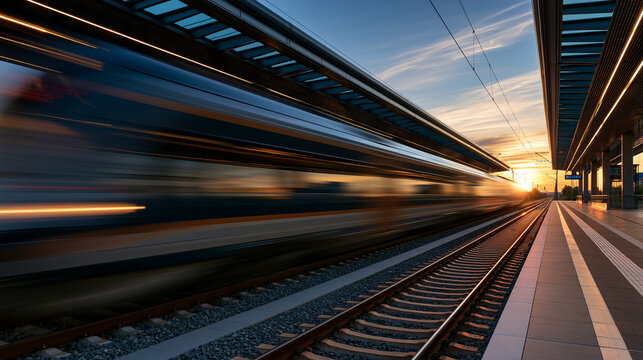 A high-speed train blurs through a railway station at sunset. Symbolizes modern travel, speed, and efficient global.