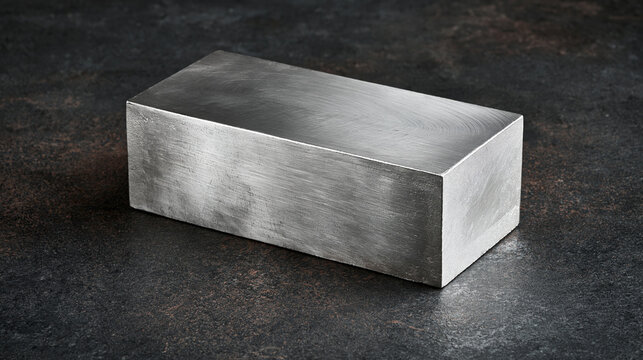 A rectangular solid steel metal block resting on a dark rustic surface. Ideal for industrial, manufacturing, or.