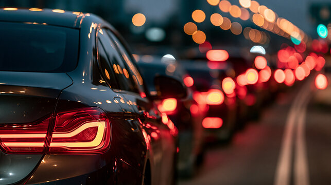 Cars waiting in heavy evening traffic with bright red tail lights. Commuter delay concept for city lifestyle articles.
