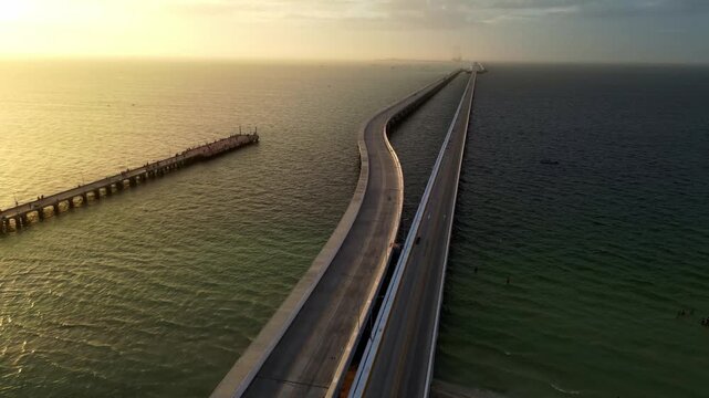 Aerial view of the Progreso Pier during a scenic sunset