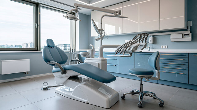 Modern dental office with professional chair and equipment in bright room. Use for oral healthcare and clinic.